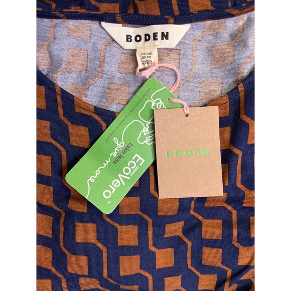 Boden Geometric Print Long Sleeve Midi Dress Blue Rust US 6R Pockets NWT - Picture 8 of 10